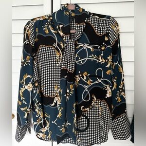 Ann Taylor SP Blouse Top Shirt Business Casual Houndstooth/Floral Tie Neck Black